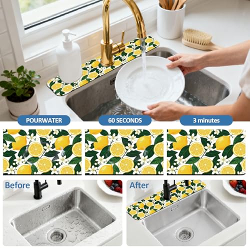 2 Pcs Kitchen Sink Splash Guard Faucet Mat Lemon Flowers and Leaves Pattern Faucet Mat for Sinks Flower Absorbing Drying Mats for Kitchen Bathroom - color: Lemon and Leves