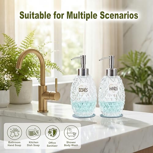 MALACHI Glass Soap Dispenser, 304 Rustproof Stainless Steel Pump, Refillable Multi‑use for Hand Soap, Dish Soap, Body Wash, Shampoo, Baby Wash for Bathroom Kitchen & Commercial - color: Light Clear