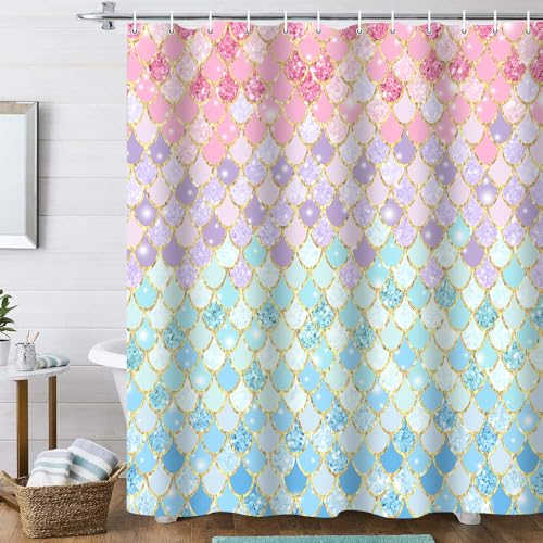 4Pcs Pink Mermaid Scales Shower Curtain Set with Rugs, Sparkly Iridescent Patterns, Underwater Ocean Bathroom Decor, Machine-Washable Fabric, with 12 Pcs Hooks，71 x 71in