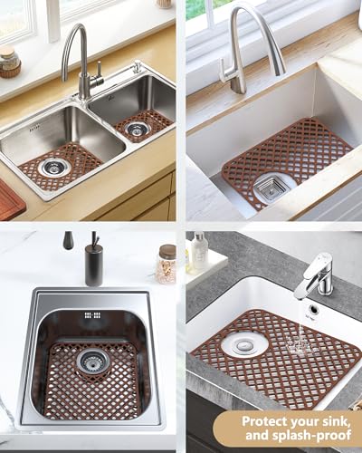 2 Pack Silicone Sink Protectors for Kitchen Sink, Trellis Pattern 13 x 11 Inches Sink Mat, Non-Slip and Durable Sink Protector Silicone, Rear Drain, Coffee - color: Coffee
