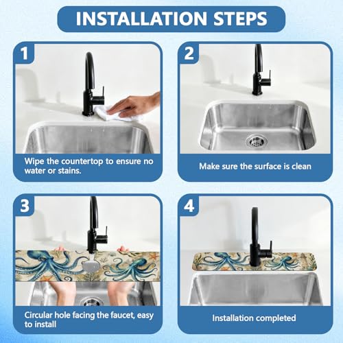2 Pcs Kitchen Sink Splash Guard Faucet Mat Retro Ocean Octopus Pattern Faucet Mat for Sinks Flower Absorbing Drying Mats for Kitchen Bathroom - color: Ocean Octopus