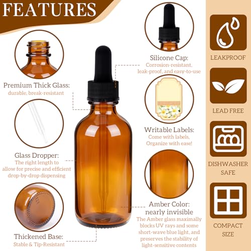 STARSIDE 48-Pack 2oz Leakproof Amber Glass Dropper Bottles | 60ml Empty Tincture Bottles, UV-Blocking Glass for Essential Oils & Crafts; Includes Funnels, Brushes, Labels & Measuring Cup - color: 2oz-Amber-48pcs