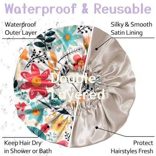 Luxury Shower Cap Silk Satin Lined Waterproof Reusable Adjustable Elastic Dry Hair Bathing Caps Cute for Women Girls-Red Flower - color: C-2-Red Flower