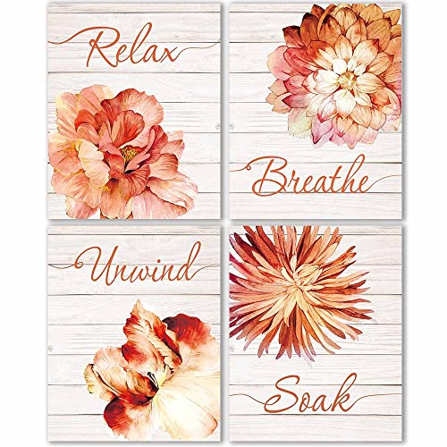 IIILUYOT Relax Soak Unwind Breathe Orange Flowers Bathroom Wall Art Decor, Boho Vintage Bathroom Poster Gifts for Women, Flower Wall Decor Set of 4(8X10in) for Home Bedroom Washroom,Unframed