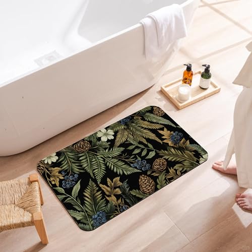 Bath Mats for Bathroom,Green Herb Leave Bathroom Rugs,Forest Berry Pine Cone Diatomaceous Bath Rug Quick Dry, Non Slip Super Absorbent Low Profile Doormat for Home Kitchen Patio 17 X 29.5 Inch - color: Green Herb Leave