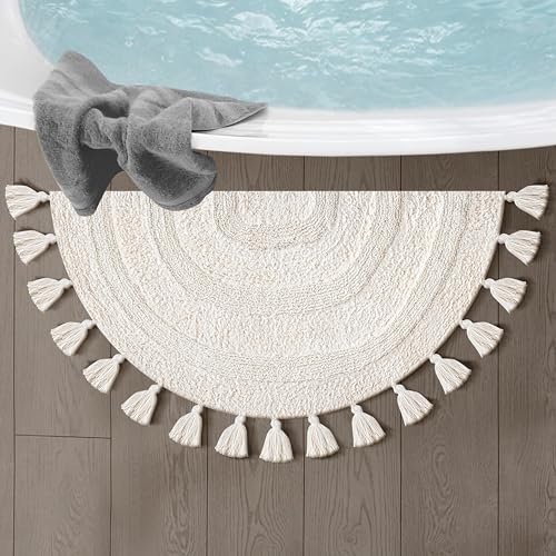 Cotton Half Circle Boho Bathroom Rug with Antiskid 22"x36" Ivory – 100% Cotton Scalloped Bath Mat, Anti?Skid, Soft & Absorbent Bathroom Rug for Shower, Tub & Entryway - color: Ivory, size: 22"x36" - Half Circle