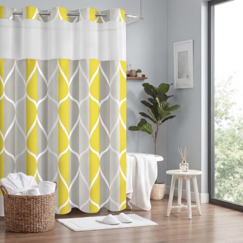 Yiatn Gray Yellow No Hook Shower Curtain with Liner Attached - Hotel Style with See Through Mesh Top Window, Modern Geometric Waterdrop Design,Waterproof and Washable, 71x74 INCH - color: Gray Yellow, size: 71"W x 74"L (Pack of 1)