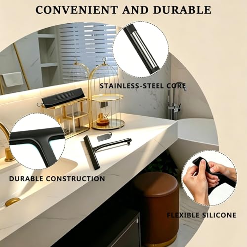 Shower Squeegee for Glass Doors, Bathroom Squeegee Set of 2 (Size 8.3"+9") | Hang Anywhere Silicone Shower Squeegee with Hook Design for Glass, Tile Wall, Mirror, Window, Streak-Free Cleaner Tool,Black