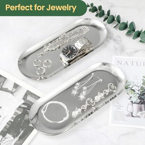 2PACK Silver Decorative Tray, Bathroom Vanity Tray for Dresser Counter, Stainless Steel Jewelry Dish Tray for Decor, Perfume Ring Key Candle Organizer Tray, Oval - color: Silver