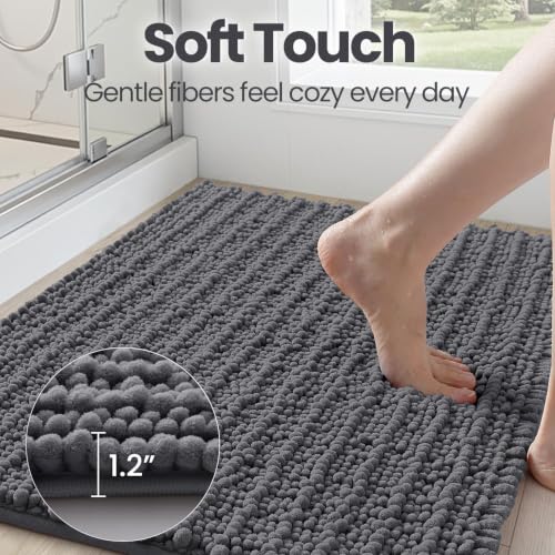 DEXI Bathroom Rugs 24x16, Super Soft Thick Chenille Absorbent Bath Mat, Non Slip Machine Washable Fluffy Shag Bathmat for Sink, Tub, Shower Floor, Grey - color: Grey, size: 24" X 16" (Rectangular)