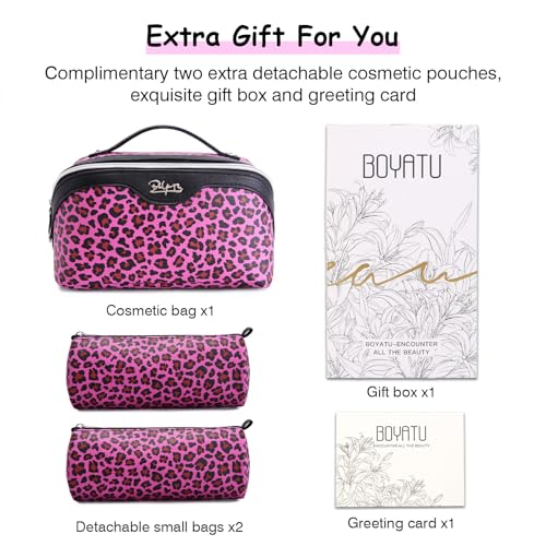 BOYATU Travel Makeup Bags Cosmetic Organizer Bag: 3 Pcs Set Large Capacity Make up Bag with Compartments - Waterproof Leather Toiletry Bags with Handle for Women (B-Red) - color: B-Red