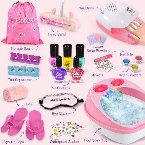 Kids Foot Spa & Nail Kit Set, Kids Spa Day Kit for Girls, Massage Foot Soak Tub and Nail Dryer, Toys Manicure Pedicure Art Salon Girl Gift for 5 6 7 8-12, Christmas Birthday Gifts