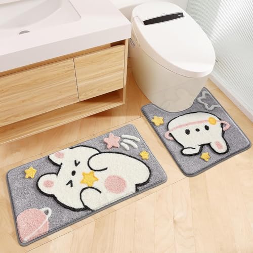 Cute U-Shaped Toilet Mat, Ultra Soft Microfiber Bathroom Rug Non Slip Toilet Mat Water Absorbent Shower Rug, 20 x 22 Inches, Star - color: Star Rabbit