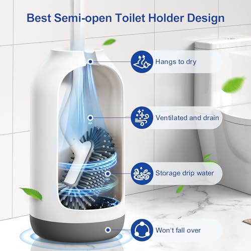 HAMITOR Toilet Bowl Brush Holder Set: Deep Cleaning Silicone Toilet Cleaner Scrubber Under Rim with Curved Bristle for Bathroom Dead Corner Clean - Modern Rv Toilet Decorative Accessories - White - color: White, size: 1Pack