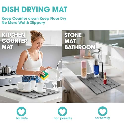 Dish Drying Mat Stone Bath Mat Diatomaceous Earth Stone Drying Mat For Kitchen Counter Sink Bath Mat Quick Dry Non Slip Foldable Dish Drying Rack Mat Small(16"×12" Dark Grey) - size: 16" x 12"