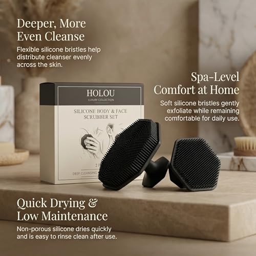 Silicone Body Scrubber & Silicone Face Scrubber 2 Pack – Exfoliating Body Scrubber & Silicone Loofah, Shower Scrubber for Women and Men – Holou