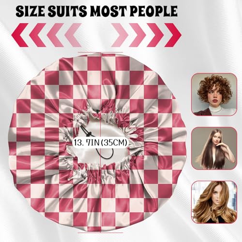 Luxury Shower Cap Satin Lined Reusable Waterproof Double Layer Elastic Adjustable Hair Bath Cap Cute Aesthetic Women Girls-Pink Checkered - color: F14-Pink Checkered