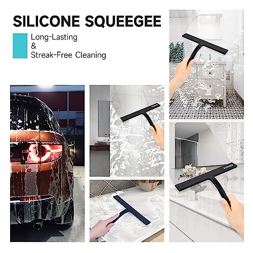 FOSHIO Shower Squeegee for Glass Doors with Suction Cup, Silicone Squeegee for Window Cleaning, Small Squeegee for Shower Glass Door, Window Squeegee with Stainless Steel Non-Slip Handle (Black)