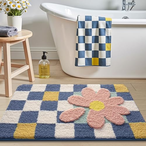 LUMI Bathroom Rug 20x32, Soft Absorbent Microfiber Bath Mats, Machine Washable Bath Rugs with Non-Slip Backing, Checkered Design Floor Mat for Bathroom, Shower and Bathtub Floor, Grid Flower - color: Grid Flower, size: 20"x32"