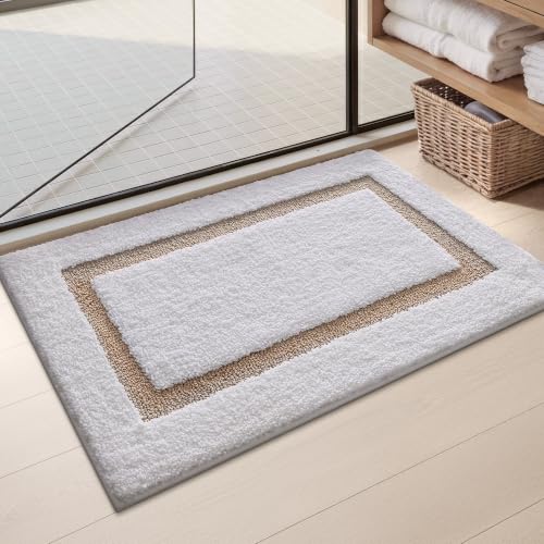 Color&Geometry White Bathroom Rugs 24x16, Extra Soft Absorbent Microfiber Bath Rug, Non-Slip Bathroom mat, Washable Plush Bath Mats for Bathroom, Shower, Bathtub, Laundry, Small, White Khaki - color: B, size: 16"x24"（small）