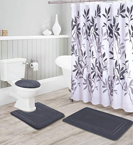 Bathroom Collection Charcoal 16pc Bathroom Accessory Set - Non-Slip Bath Mat, Non-Slip Contour Mat, Toilet Lid Cover and Waterproof Shower Curtain with Rustproof Metal Roller Hooks - color: Charcoal