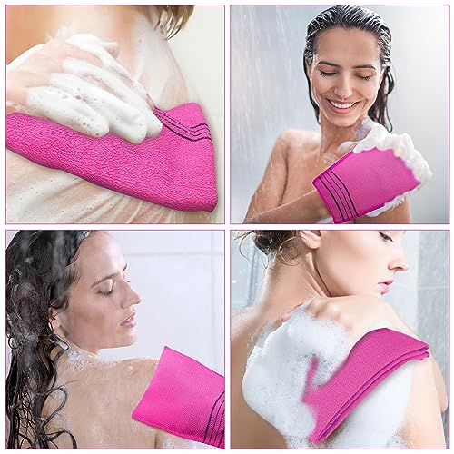 Hosuly 2 Pcs Korean Exfoliating Washcloth and Mitts Set Long Exfoliating Back Italy Towel Scrub Mitt Wash Cloth Scrubber for Women Men Shower Dead Skin Removing Dry Skin (Rose Red) - style: Rose Red