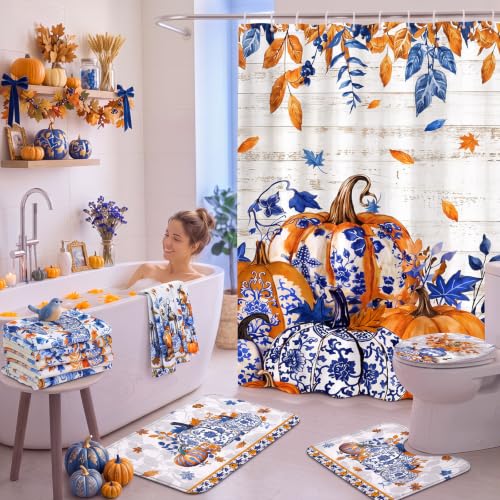 FuWeave 8 Pcs Fall Pumpkin Shower Curtain Set for Bathroom Decor Include Blue and White Chinoiserie Autumn Shower Curtain Harvest Floral Towels Non Slip Rugs Toilet Lid Cover Bath Mat and 12 Hooks - color: Fall Pumpkin
