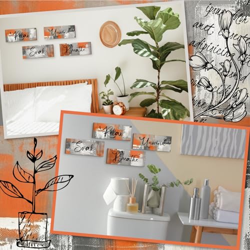 Maitys 4 Pcs Orange Bathroom Wall Decor 10 x 4 Inch Fall Bathroom Wall Art Contemporary Wood Restroom Picture for Thanksgiving Day Soak Unwind Relax Hanging Sign Spa Rustic Vintage Farmhouse Pediment - color: Orange