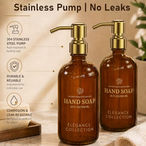 Fachixy Amber Glass Soap Dispenser (2 Pack), 16 Fl Oz Hand & Dish Soap Dispenser Bottles Set with Rust-Resistant Stainless Steel Pump, Non-Slip Pad, 14 Waterproof Labels for Kitchen and Bathroom - color: Amber