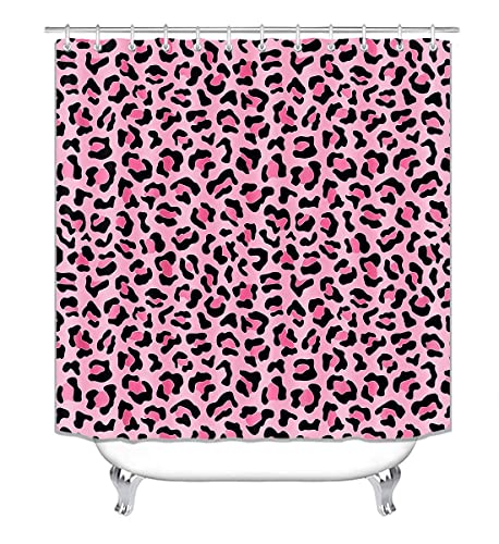4PCS Pink Leopard Print Shower Curtain Set with Rugs, Toilet Lid Cover and Bath Mat, Shower Curtain with 12 Hooks, Durable Shower Curtain for Bathroom Set - color: Pink Leopard