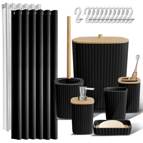 Clara Clark Bathroom Accessories Set - Bathroom Set, Bathroom Accessory Set, Shower Curtain Set, Toilet Brush, Trash Can & Soap Dispenser - Black - 20PC - color: Black, size: Complete Set