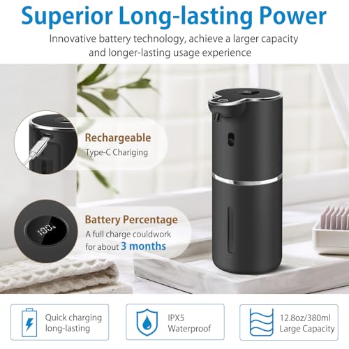 Automatic Liquid Soap Dispenser 12.8oz, Rechargeable & 6 Levels Soap Adjustable with Digital Display, Wall Mount, Waterproof, Touchless Hand/Dish Soap Dispenser for Kitchen, Bathroom, Hotel - color: Black