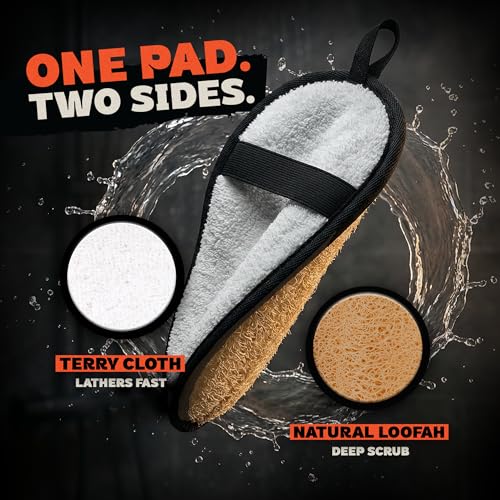 Loofah for Men 2 Pack – Natural Egyptian Shower Scrubber Pads | Mens loofah body scrubber with 2 dual-sided pads, natural Egyptian loofah, terry-cloth side, hand strap and hanging loop