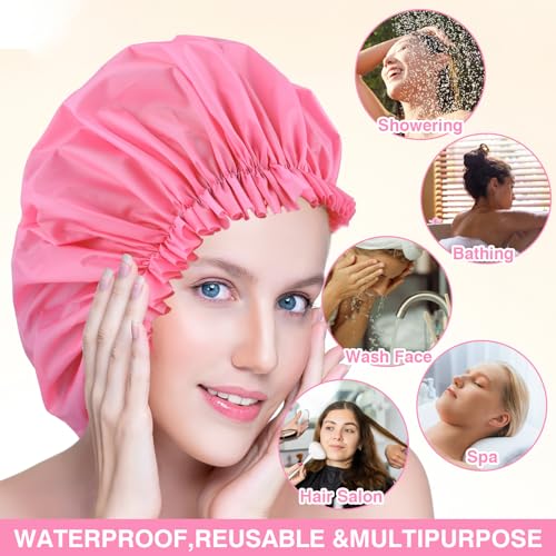 2 PCS Large Shower Cap for Braids - Waterproof Shower Cap for Women, Reusable XL Plastic Shower Caps Jumbo Bath Bonnet for Long Thick Curly Hair, Locs, Twist Braids (Black&Pink) - color: Black+Pink