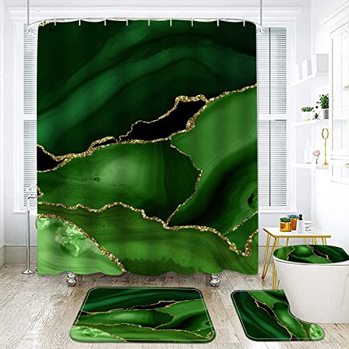 Marble Bathroom Sets with Rugs for Bathroom Decor, 72x72 Inches Gold Shower Curtain with Non-Slip Rugs and Accessories, Waterproof Machine Washable Bath (Curtain Set-Green Gold Marble12) - color: Curtain Set-green Gold Marble12