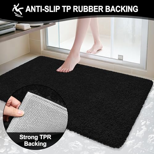 Bathroom Rugs 48"x24", Fluffy Soft Thick Absorbent Bath Mat Rubber Backing Quick Dry, Machine Washable Bath Mats for Bathroom Tub, Floor, Shower, Bedroom Home Decor Accessories, Black - color: Black, size: 48" x 24"