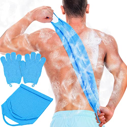Anezus Exfoliating Back Scrubber Bath Gloves Set, Exfoliating Shower Towel with Shower Gloves for Body Scrub, Back Cleaner Wash Gloves to Remove Dead Skin (Blue) - color: Blue
