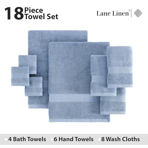 LANE LINEN 100% Cotton Bathroom Towels - 18 Piece Set - Super Soft, Quick Dry & Absorbent - 4 Bath, 8 Washcloths, 6 Hand Towels for Bathroom - Hotel Quality & Suitable for Family - Cerulean Blue - color: 10: Cerulean Blue, size: 18 Piece Towel Set