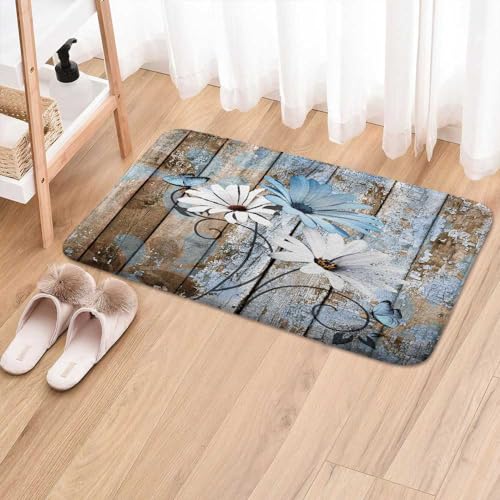 Farmhouse Floral Flower Bath Mat, Daisy Rustic Wooden Plank Country Barn Wood Blue Flower Non-Slip Flannel Soft Doormat Floor Entryways Outdoor Indoor Front Door Mat, (16X24) - color: Blue-01, size: 1'4" x 2' (Rectangular)