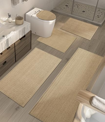 YIHOUSE Bathroom Rugs Sets 5 Pieces, Beige Ultra Thin Bath Mats Fit Under Door, Absorbent Quickly Dry Rubber-Backing Braided Bath Mat Set, Non Slip Washable Bath Rugs Mat for Bathroom Floor, Beige - color: Beige, size: 5pieces