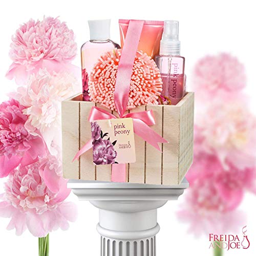 Pink Peony Bathroom Bath Set for Women, Complete Skincare Products in a Natural Wood Plant Box, Body Lotion, Shower Gel, Bubble Bath, Body Spray, Puff Gift – Mother's Day Gift for Mom