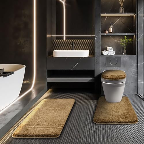 Bathroom Rugs Sets 3 Piece with Adjustable Toilet Seat Cover 17.5"x 15" Machine Washable Bath Rug Set with TPR Non Slip Rubber Backing Solid Bath Mat Set for Luxury Bathroom Decoration - color: Taupe