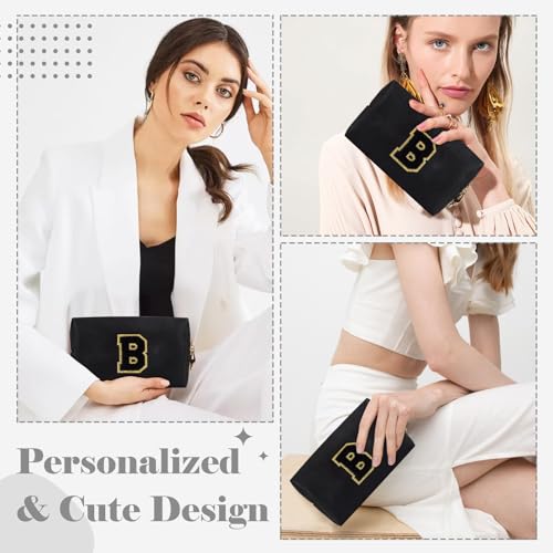 Personalized Initial A-Z Preppy Patch Makeup Bag,Small PU Chenille Letter Cosmetic Bag with Zipper for Teen Girls,Black Cute Toiletry Organizer Bag,Monogram Makeup Case Gift for Women Girls,Letter B - color: Black,Black-Letter, size: B