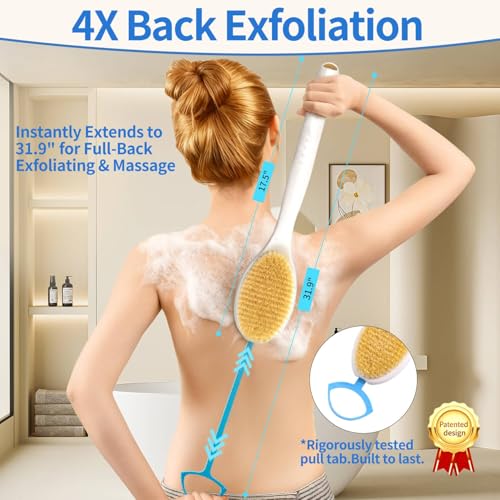 Extendable Back Scrubber –Non-Slip Dual-Sided, Deep Exfoliation | Two-hand pull -17.5"-31.5". Dual-sided stiff & soft bristles. Non-slip grip, quick-dry, rust-proof, rich lather.