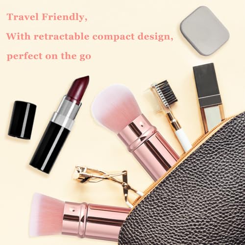 Retractable Makeup Brush 2 Pack, Travel Kabuki Face Makeup Brush | Powder Makeup Brushes for Blush, Liquid, Cream, Cosmetics, Loose Powder, Bronzer, with Aluminum Handle, Cover - color: Rose Gold
