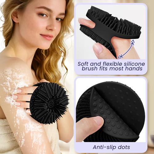 Manmihealth Silicone Back Scrubber & Soft Shower Face Brush Set 4 PCS(Thin Bristles), Super-Cleansing Body Scrubber & Strong Lathering Power Bath Glove Combination (Black) - color: Black, size: Thin Bristles Set