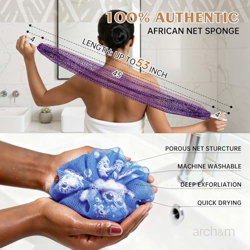 ARCH&M African Net Sponge Authentic with Knots, 2 Pack 53" Long | Exfoliating Back Scrubber, Quick-Dry Shower Mesh Loofah, Daily Use For Body & Face, Gentle for All Skin Types - color: Purple + Champagne