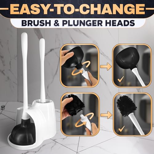 2 in 1 Toilet Plunger and Brush Set White - Toilet Brush and Plunger Set White with Stiff Bristles, Strong Vacuum Suction and Holder - Space-Saving Stand, Fits Most Standard Toilets, 9.3×6.3×15.2 inch - color: White