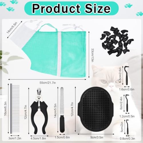 JULMELON Cat Bathing Bag Kit Adjustable Mesh Cat Washing Bag with Nail Clippers Nail File Brush Comb Tick Remover Tool Pet Grooming Bag for Cats and Small Dogs - color: Black+Green