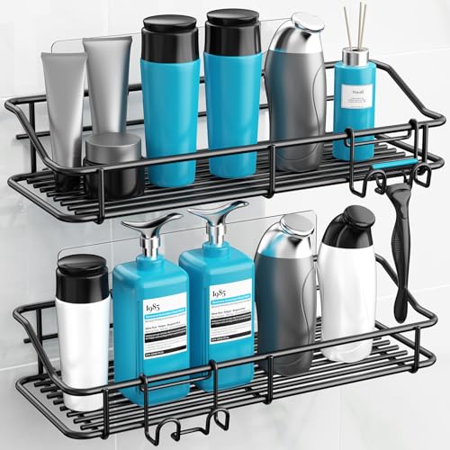 Nieifi Shower Caddy Shelf with Hooks Storage Rack Organizer Adhesive Stainless Steel Without Drilling for Bathroom, Lavatory, Washroom, Restroom, Shower, Toilet, Kitchen - 2 Pack (Black) - color: Black, size: 2 Pack